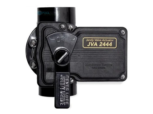 Jandy 4424 JVA 2444 valve actuator mounted on pool valve showing actuator body