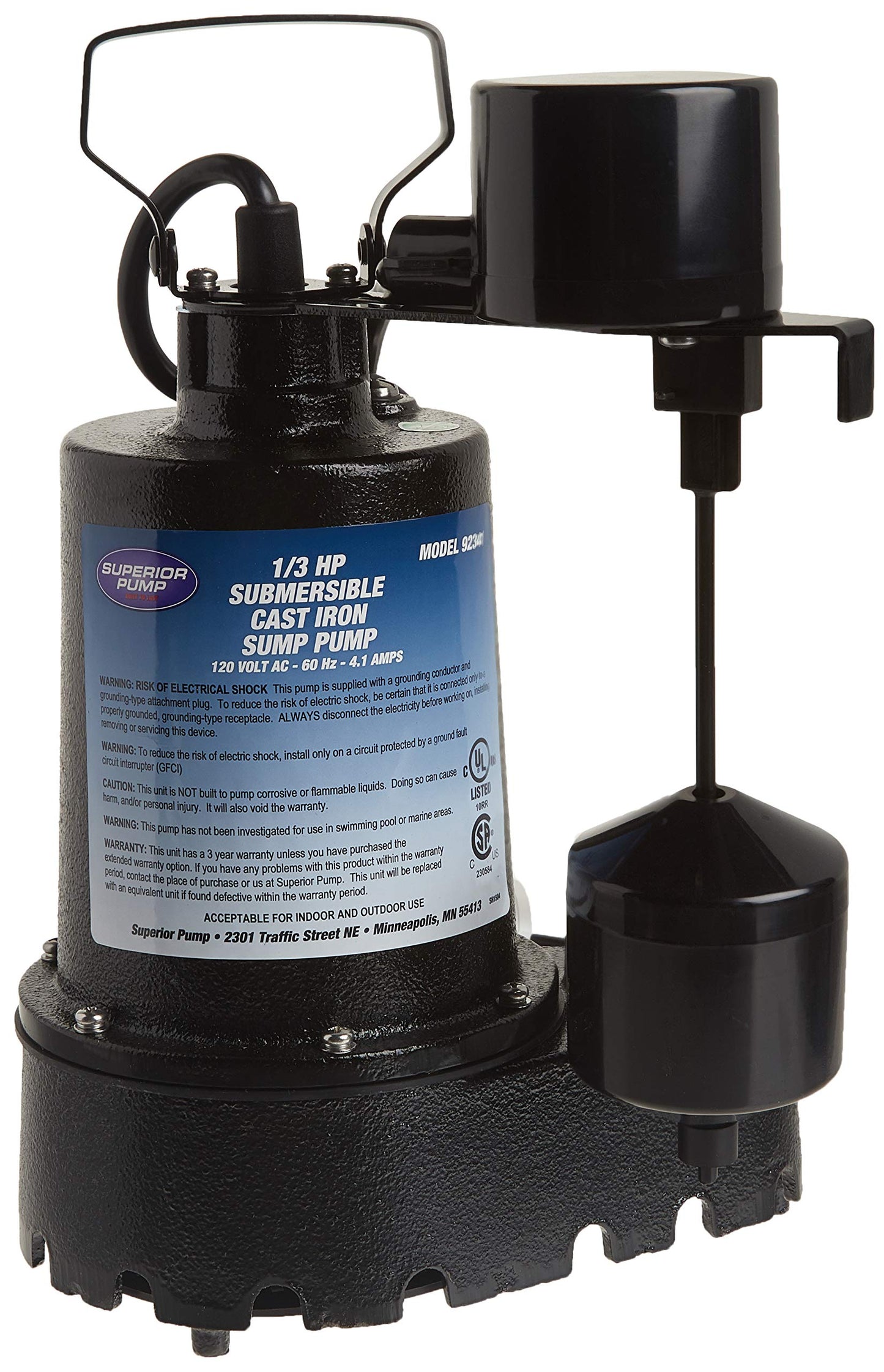 Superior Pump 92359 Cast Iron Submersible Drain Pump 1/3 HP 3600 GPH