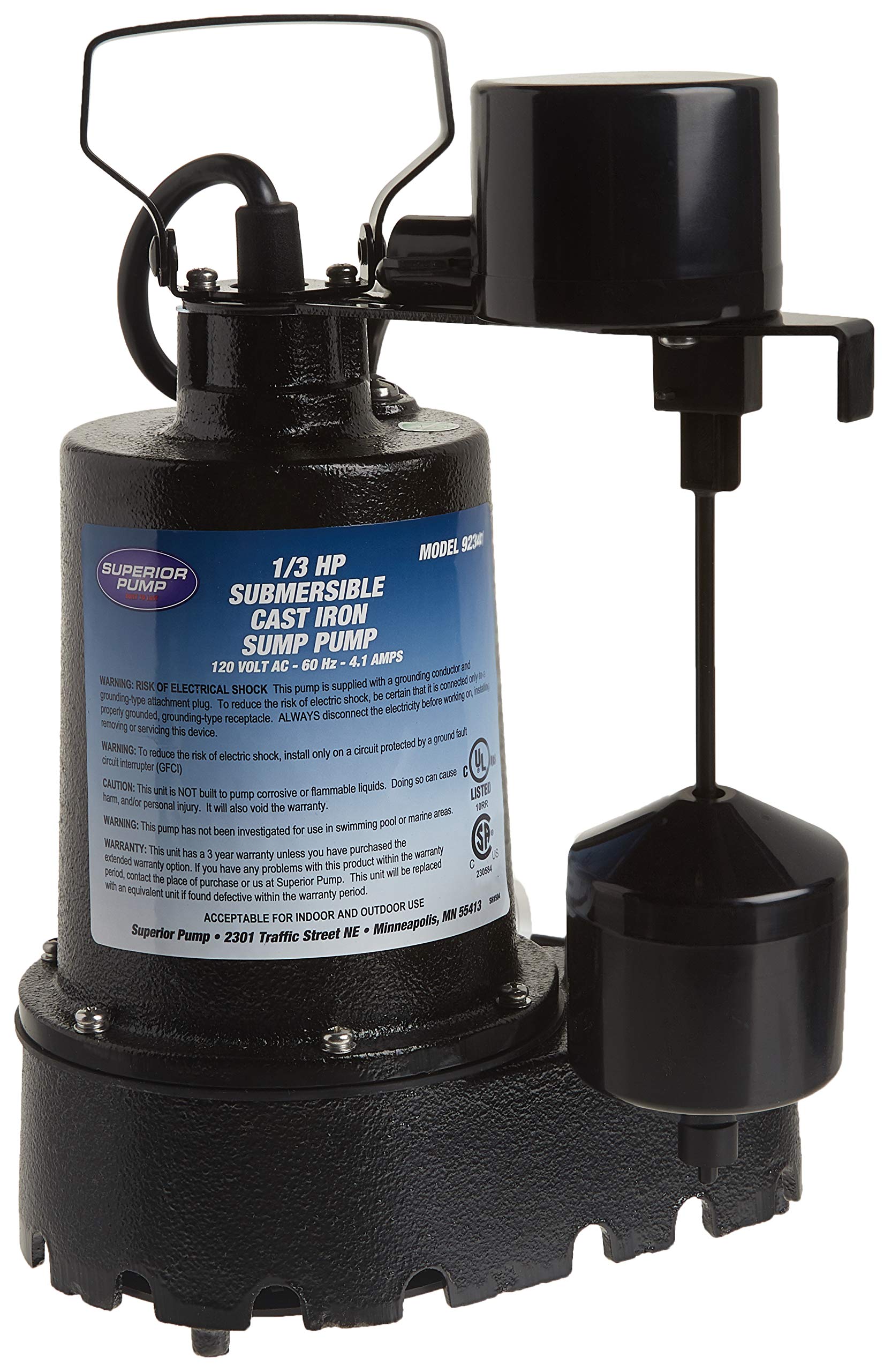 Superior Pump 92359 Cast Iron Submersible Drain Pump 1/3 HP 3600 GPH