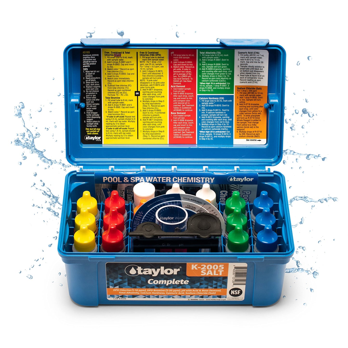 Taylor Salt Complete High Test Kit Free and Total Chlorine, Bromine, pH, Acid and Base Demand, Total Alkalinity, Calcium Hardness, Cyanuric Acid CYA, Sodium Chloride SALT | K-2005-SALT