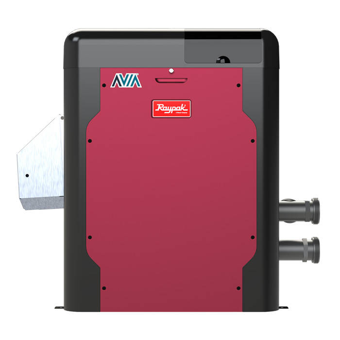 Raypak Avia 404A 018033 pool heater rear view with plumbing and gas connections