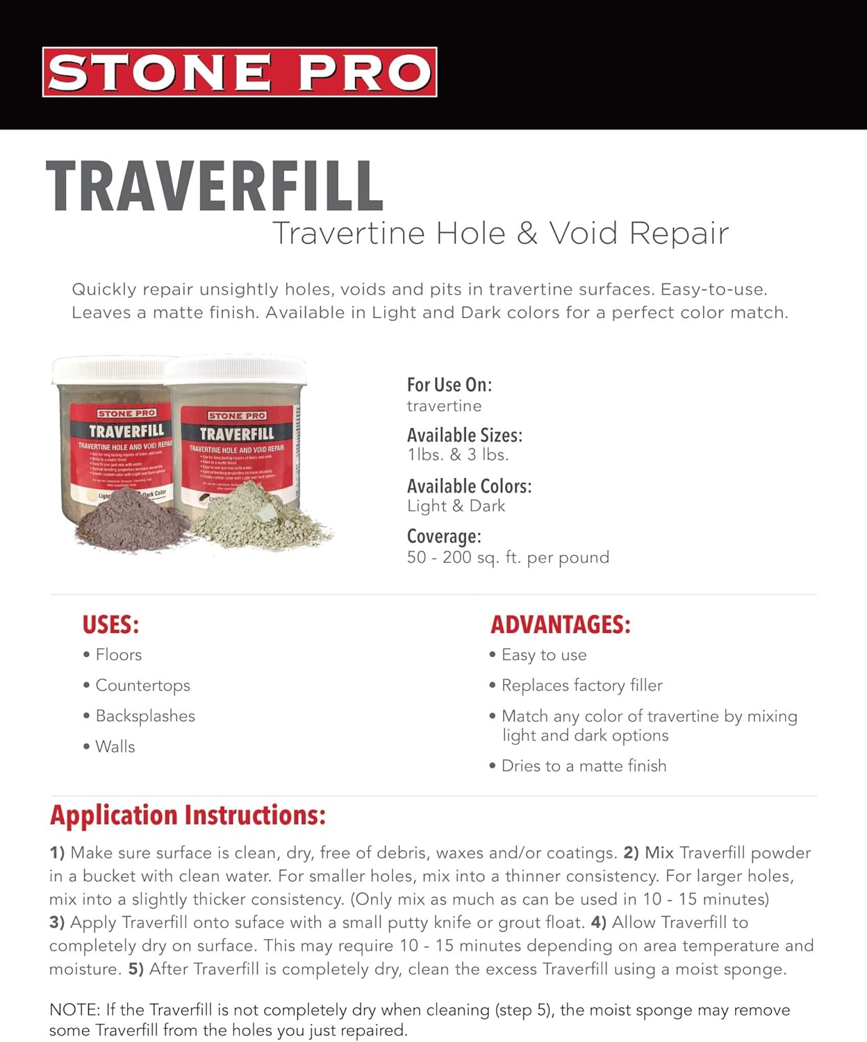 StonePro Traverfill Travertine Hole & Void Repair Filler 1 lb – Light CECOMINOD058255