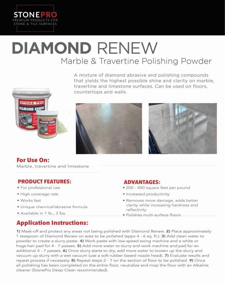 StonePro Diamond Renew Polishing Powder 1 lb Professional Marble, Travertine & Limestone Polish P-DRPP