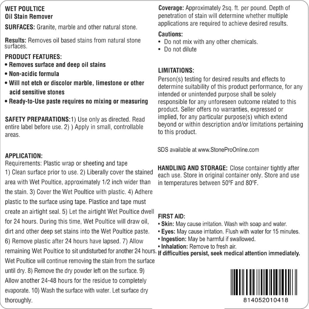 StonePro Wet Poultice Stain Remover 1 lb – Oil & Water-Based Stain Removal for Natural Stone, Concrete & More  C-WP1