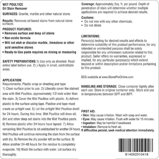 StonePro Wet Poultice Stain Remover 1 lb – Oil & Water-Based Stain Removal for Natural Stone, Concrete & More  C-WP1